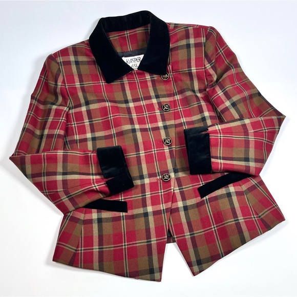 VINTAGE KASPER A.S.L Petite 100% Wool Plaid Velvet Collar Tailor Jacket 8P - Picture 3 of 9